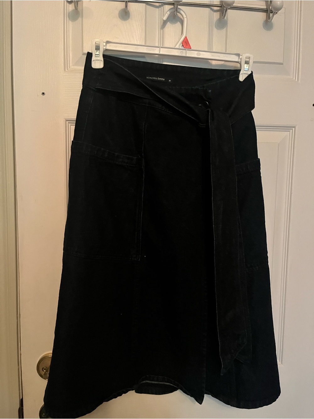 Women's Black Midi Skirt with Tie Waist and Patch Pockets